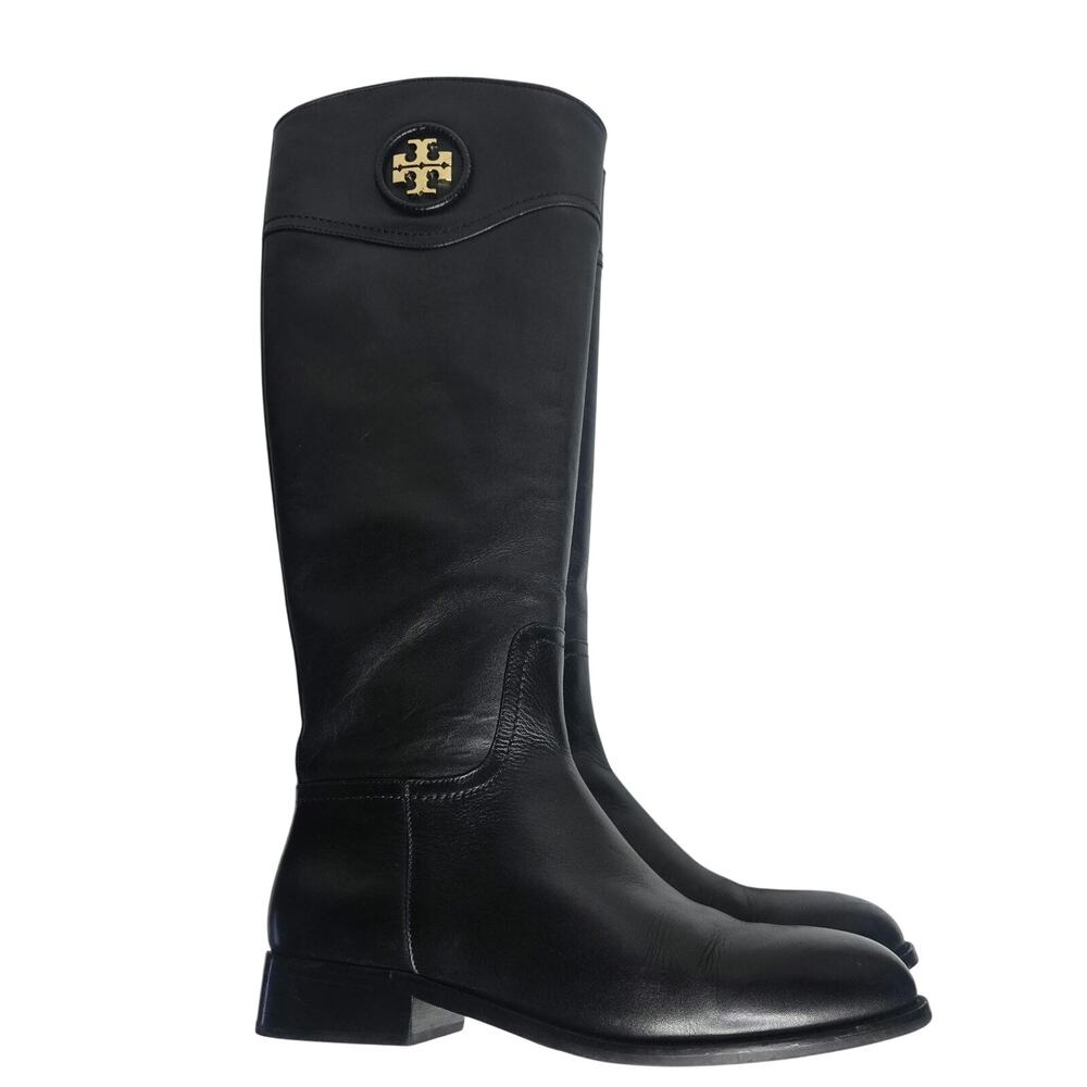 New Tory Burch Womens Ashlynn Black Leather Gold Logo Tall Riding Boots 8.5